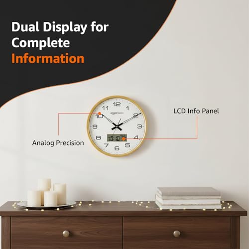 Image of Amazon Basics 12.5 Inch Large Analog Digital Wall Clock with LCD Display | Day Date Month Temperature | Silent Sweep Quartz Movement | Clear Bold Numbers | Dual Battery Operated (White)