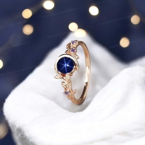 Vintage Blue Lindy Star Sapphire Engagement Ring 6 Rays Star Sapphire Ring Twig Branch Amethyst Leaf Ring Art Deco Moon Star Jewelry Yellow Gold Handmade Jewelry4