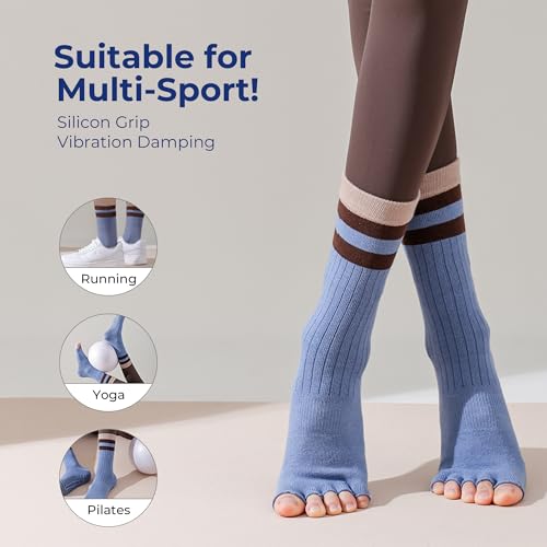 Womens Pilates Yoga Toe Socks with Grips Non Slip Cushioned Crew Socks Mid Calf for Barre Ballet