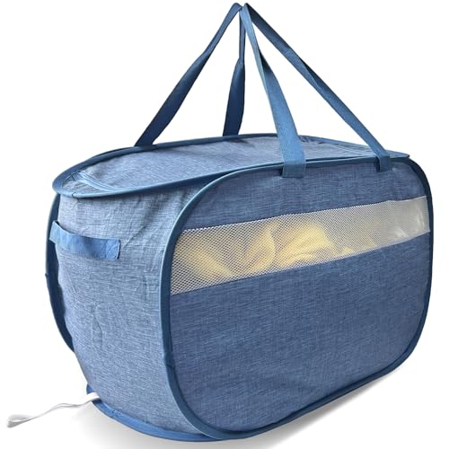 Upgraded 100L Extra Large Mesh Pop Up Laundry Hamper with Lid and Handles. XL Closet Storage Bins, Dirty Clothes Basket for Dorm Home, Foldable Laundry Basket. Blue. H