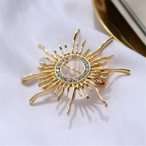 Image of Fashion Sun Brooch Pins For Women Men Gold-Tone Plated Sparkly Cz Crystal Baroque Celestial Sunshine Round Shape Lapel Badges Creative Clothes Shirt Accessories Birthday Holiday Jewelry Gift Best Friend