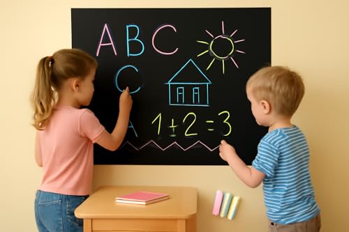 Image of DreamKraft Black Chalkboard Wall Sticker 45 x 200 cm | Self-Adhesive Removable Vinyl Writing Sticker with 5 Chalks | Reusable Chalkboard Decal for Home, School, Office, Kitchen, Kids Room