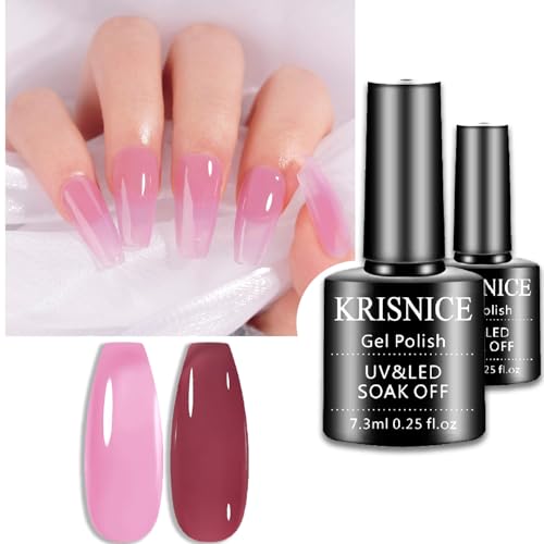 KRISNICE Esmalte Semipermanente de Uñas en Gel UV LED Jelly Rojo oscuro Rosa Gel Esmalte de uñas brillante Rosa Translúcido Esmalte de uñas efecto para arte de DIY(KCS2-022)
