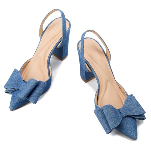 GOSERCE Denim Chunky Heels Sandals for Women with Blue Bow Slingback Closed Pointed Toe Slip On High Heels Comfortable Dress Heeled Shoes Party Graduation Prom Lady Pumps4