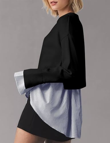 MISSACTIVER Women Slit Crew Neck Patchwork Sweater Asymmetrical Hem Shirt Top 2 in 1 Buttons Down Pullover Knit Sweater3