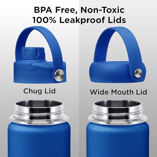 Image of ThermoProof Double-Walled Vacuum Insulated Stainless Steel Water Bottle - Wide Mouth with Chug & Spout Lids, Dishwasher Safe, Reusable, Leakproof, Hot & Cold for Men, Women & Kids - 22oz, Blue