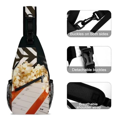 Mochila tipo sling blanca con diseño de claqueta y palomitas miniatura 3