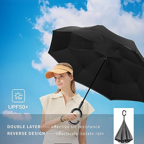 Image of SIEPASA 40 /49 /56 /62 Inch Inverted Reverse Upside Down Umbrella, Extra Large Double Canopy Vented Windproof Waterproof Stick Umbrellas with C-shape Handle.(Black, 56 Inch)