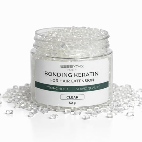 ESSENT-IX 100% PURE KERATIN BEADS FOR HAIR EXTENSIONS, HIGH-MELTING ITALIAN FORMULA, SLAVIC PREMIUM QUALITY, NO FILLERS, ECONOMICAL USE, ALSO IDEAL FOR RE-TIPPING & BOND REPAIR (50G CLEAR)