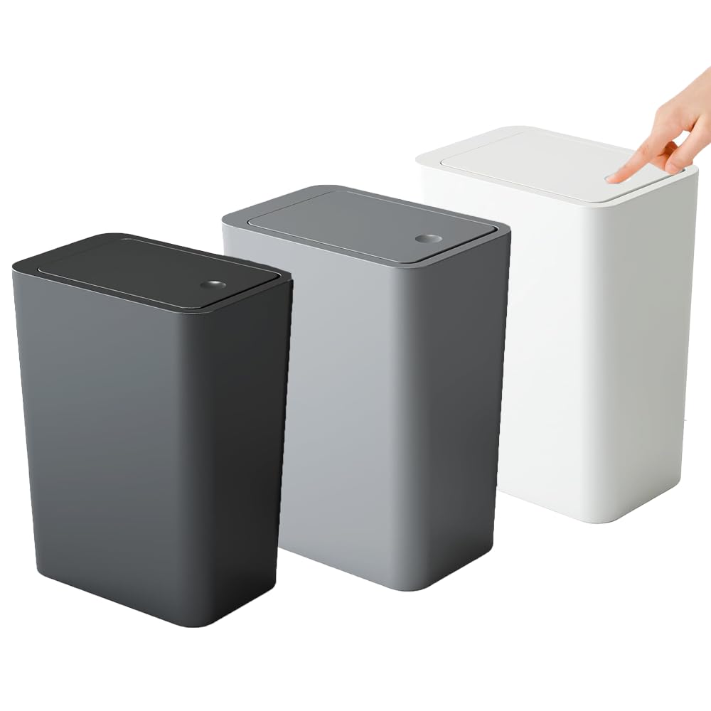 3 Pack Bedroom Bin,10L Slim Bathroom Bin with Lid,Push Button Plastic Waste Bin for Bathroom Anti-Odour,Plastic Thin Trash Can for Office,Living Room,Kitchen,Toilet (White,Black,Grey)