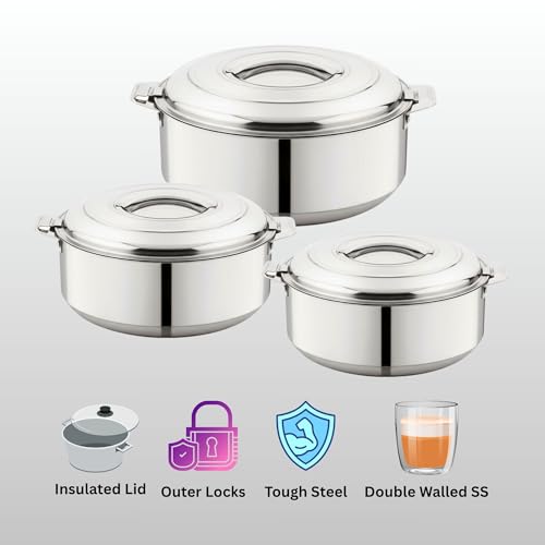Image of 1000 ml, 1500 ml, 2500 ml Double Wall Insulated Stainless Steel Casserole Set of 3 | Hot Pot for Roti, Rice, Gravy, Curry | Silver Hot Box with Steel Lid & Twist Lock