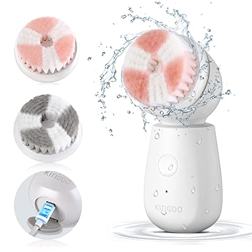KINGDO Spin Facial Cleansing Brush Rechargeable, Face Scrubber Rotate 2 Brush Heads, 3 Modes for Deep Cleaning Exfoliating Removing Blackhead Massaging Holiday Gifts Set for Women/Grils