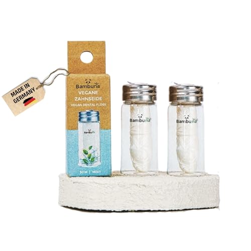 BAMBUNA Filo interdentale in vetro (confezione doppia) con sapore di menta, 30 m, senza pasta dentale, vegano in amido di mais, senza plastica, con coperchio separatore