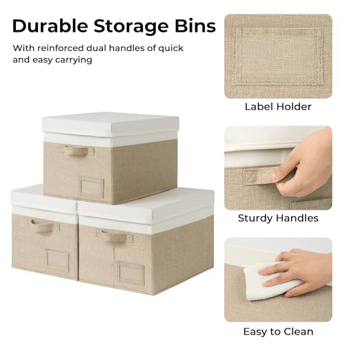 Image of GRANNY SAYS Storage Bins with Lids, Storage Baskets for Linen Closet Shelves, Decorative Storage Boxes, Clothes Storage and Organization for Organizing, 3-Pack, Large, Khaki&Ivory