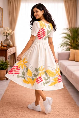 Image of eightone Women Floral Print Cotton Midi Dress, Short Sleeve, White with Yellow and Red Flowers, A-Line Fit