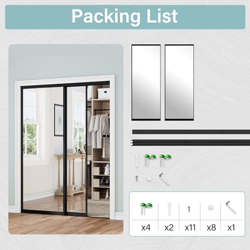 Image of Sliding Closet Doors 60 inch x 80 inch(Double 30.4 inch x 80 inch), Mirrored Doors Aluminum Frame with Hardware Kit & Guide, Interior Door for Bedroom No Assembly Required, Black
