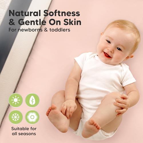 Image of 2 Pack and Play Sheets, Waterproof Mini Crib Sheets Fitted - 38x26 Organic Cotton Pack N Play Sheets for Graco Pack and Play Mattress, Playard Baby Crib Sheets, Neutral for Boy, Girl, Toddler (Cameo)