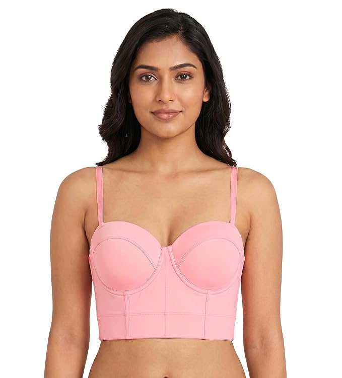 Women's Corset Bustier Crop Bra | Padded Underwired Bralette Tank Top | Detachable Straps | Back Hook Closure | Longline Full Coverage Bra-image-5