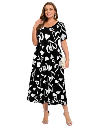 Image of LARACE Plus Size Dresses for Women Summer Casual Short Sleeve Long Dress Flowy Maxi Beach Dresses with Pockets L-6XL(A-Love53 3X)