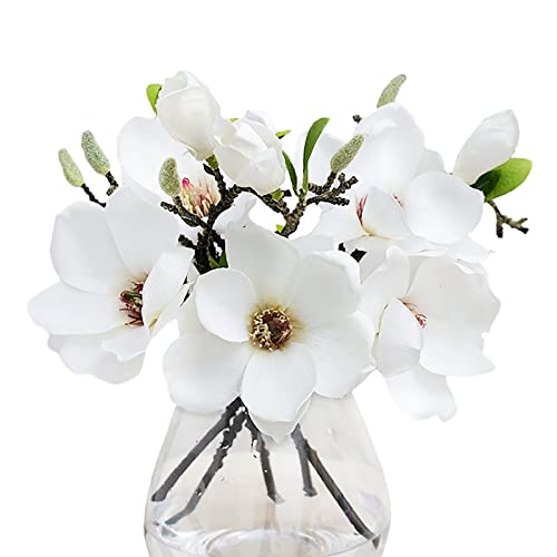 Paquete de 5 flores artificiales de magnolia de seda realista con hojas verdes, ramo de magnolia de tacto real para boda, hogar, oficina, mesa, centro de mesa