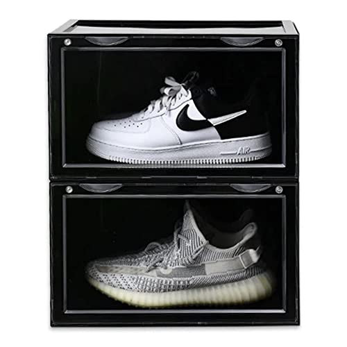 Storage Shoes Box Stackable Clear Plastic Organizer for Sneakers Plastic Shoe Rack, Side Drop Front Display Foldable Shoes Containers, Black (Pack Of 2)