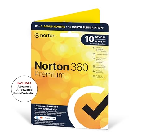 Norton 360 Premium 2022 Antivirus software for 10 Devices, 15 Months subscription|Premium|10...