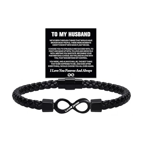 OVNMFH To My Husband Bracelet Dual Name Custom Infinity Leather Bracelet for Men Personalized Stainless Steel Adjustable Cuff Bracelet Romantic Anniversary Birthday Gift for Him