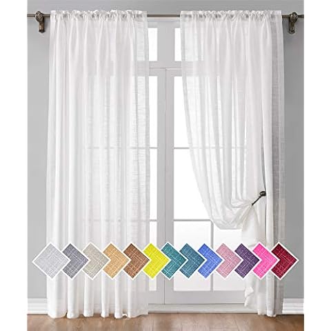 Yancorp White Linen Curtains 2 Panels Classic Voile Drapes Window Sheer Semi-Curtain Living Kitchen Room Bedroom (White, W35 X L54) Cover