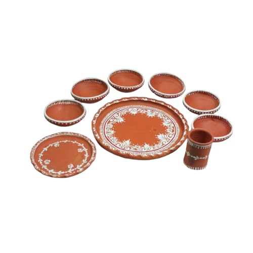 Image of Terracotta Dinner Thali Set - 9 Pc Handmade Clay Earthenware Tableware | Eco-Friendly Traditional Dinnerware | Aiburo Bhaat Rice Feeding Ceremony Special Set