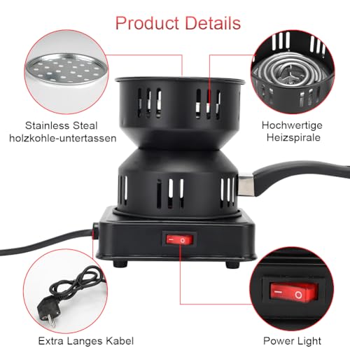 RANJIMA Kohleanzünder, Elektrischer Kohlegrill, 450W-600W Holzkohle Grill Elektroofen Brenner, Outdoor Kabel Kohlegrill Zubehör Elektro Holzkohl-Anzünder Tragegriff & Kohlegitter Kaffee Geschenk