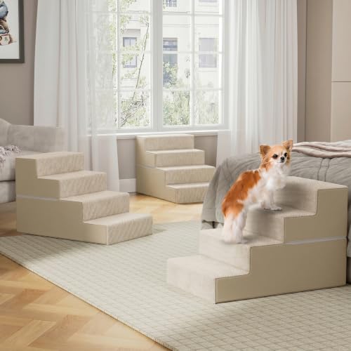 Image of YENING Large Dog Stairs for High Beds - 24 Inches Tall Extra Wide Pet Steps for Large Dogs to Get on Bed 4 Deep Step for Couch Beige