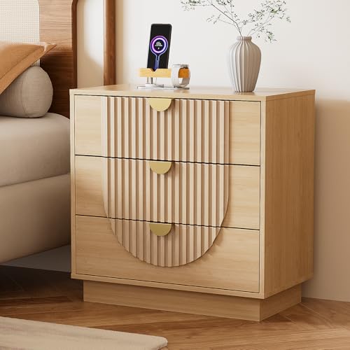 Image of 3 Drawer Nightstand with Charging Station, 28 inch Fluted Night Stand & Modern Bedside Table, Wood End Table Storage Cabinet for Bedroom Hallway, Entryway, Caramel Brown