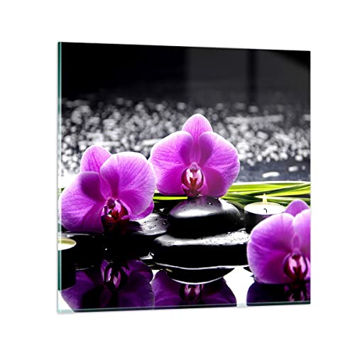 Moderne Impression sur Verre 40x40cm Image Tableau en Verre Decoration Murale Orchidée nature eau fleur Petit Tableaux Decoratifs Muraux Chambre Cuisine Carré Deco...