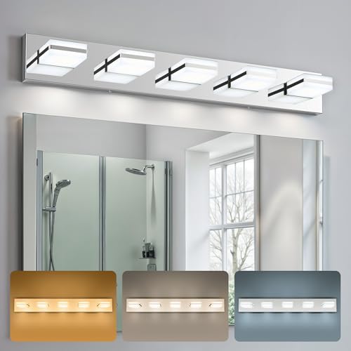 Image of VONLUCE Bathroom Vanity Light Fixture, 5-Light Modern LED Vanity Light, 3CCT Adjustable Bathroom Lights with Memory Function Rotatable Shades, 34 inch Wall Lighting Fixture Over Mirror, Chrome