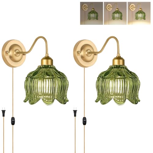 Image of Vintage Plug in Wall Sconces Set of Two,Dimmable Wall Sconces Lights with Plug in Cord & Glass Lampshade,Gold Flower Hanging Wall Sconces Wall Decor Set of 2 Plug in Wall Lamp Sconces for Bedroom
