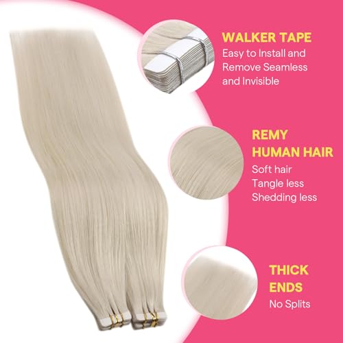Image of Ve Sunny Hair Tape in Extensions Remy Human Hair Platinum Blonde 20Inch | Remy Human Hair Tape ins,Dimensional Color,20Inch 25g 10Pcs,Adhesive Skin Weft,for Wedding or Party