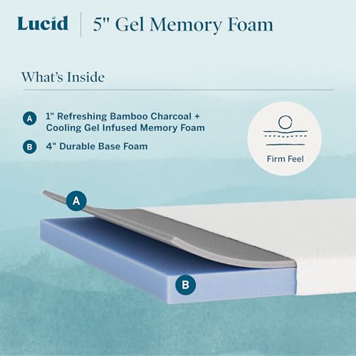 Image of Lucid 5 inch Firm Gel Memory Foam Mattress - Bamboo Charcoal & Cooling Gel - Fiberglass Free - Bed in a Box - CertiPUR-US Certified - Full Size