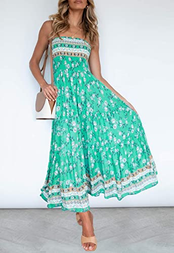 Zesica Women's 2023 Summer Bohemian Floral Printed Strapless Beach Party Long Maxi Dress,Aqua,X-Large #TOP2