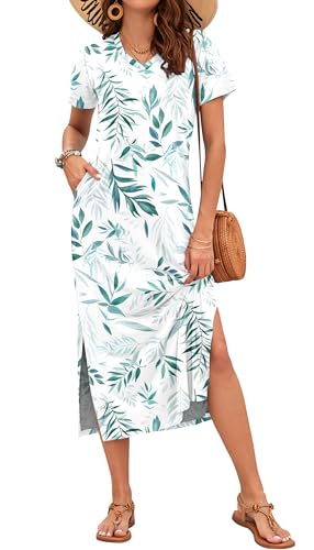 Image of MISFAY Womens Maxi Dress Short Sleeve V Neck Loose with Pockets | Soft stretchy breathable, v neck loose fit, side split hem, two side pockets, casual daily beach vacation travel dress
