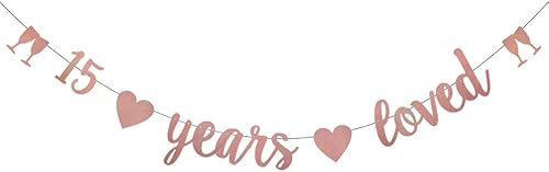 Miniatura 1 de WEIANDBO - Cartel con purpurina de oro rosa con los 15 años de amor, pre-encordado, decoración de fiesta de cumpleaños 15/aniversario de boda, telón