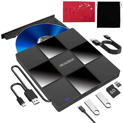 Image of 5-in-1 External CD Drive, DVD Player for Laptops& CD Burner,DVD + /-RW 2 USB Ports, TF /SD Card Reader, Compatible with Windows 11 /10 /8 /7 /XP, Linux, and Mac OS - Includes Case + 4 Sleeves