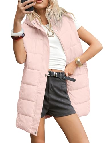 Gihuo Women's Long Puffer Vest Winter Warm Quilted Hooded Zip Up Sleeveless Jacket Vest Gilet (Small, Pink01)