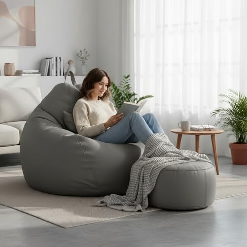 Image of KAM'S LIEU 6XL Jumbo Premium Bean Bag Chair with Footrest & Cushion | Filled with High Density EPS Beans | Comfortable Sofa for Living Room & Bedroom | 6 Months Warranty, Color- (Grey, 6XL, Premium)
