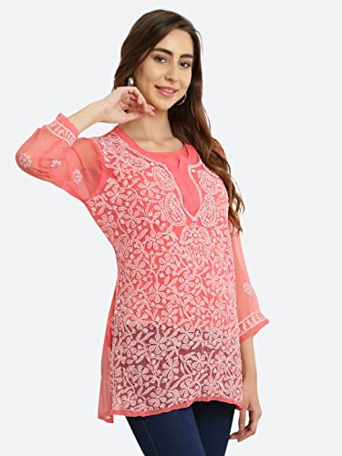 Image of FAWOMENT Women's Pure Georgette Handcrafted Lucknowi Chikankari Embroidery Short Kurti for Office Wear College Party Daily Casual