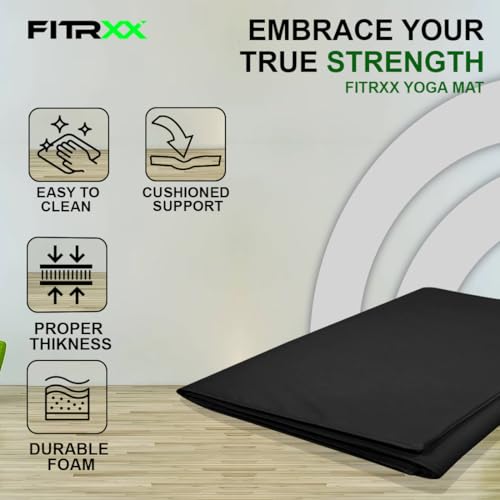 Image of Fitrxx Premium 10 mm PVC Leather Yoga Mat for Men & Women, Extra Thick Yoga Mat, Exercise Mat, Fitness & Meditation Mat, Anti-Slip, Lightweight, With Carrying Straps and Easy Storage (BLACK)