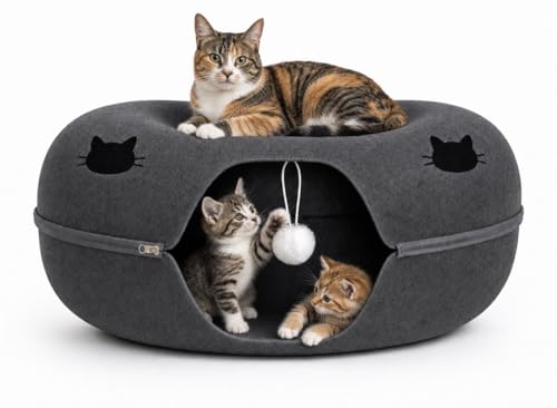 Cat Cave Tunnel Bed - Comfort Bedz Large Donut Cat House Enclosed Felt Hideaway with Zipper Top Perch Interactive Toy Washable for Indoor Cats up to 25lbs