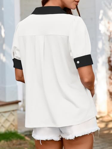 Tankaneo Womens Short Puff Sleeve Tops Summer Casual Color Block Blouses Lapel V Neck Loose Polo Shirts White — view 4