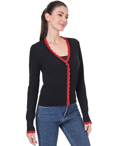 Image of AmelieBoutik Women Lightweight Button Down Long Sleeve Casual V Neck Color Trim Soft Knit Fall Cardigan Sweater Tops