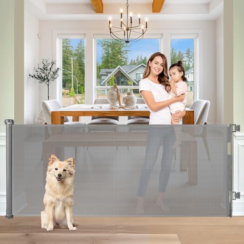 Retractable Baby Gates 65" Wide Baby Gate for Stairs Retractable Dog Gate Indoor Mesh Baby Gate Outdoor Retractable Gate Stair Gates for Kids or Pets Child Gate Dog Gates for Doorways, Decks, Gray