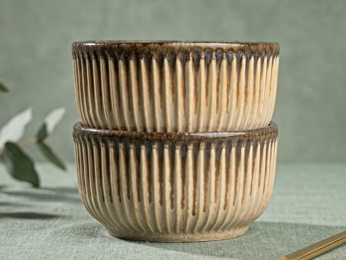 Image of Bodhi House Ceramic Deep Serving Bowls Set of 2 | 800ml Multipurpose Bowls for Ramen, Salad, Cereal, Snacks & More | Microwave Safe | Rustic Sand Beige | Stylish Dining & Gifting Choice
